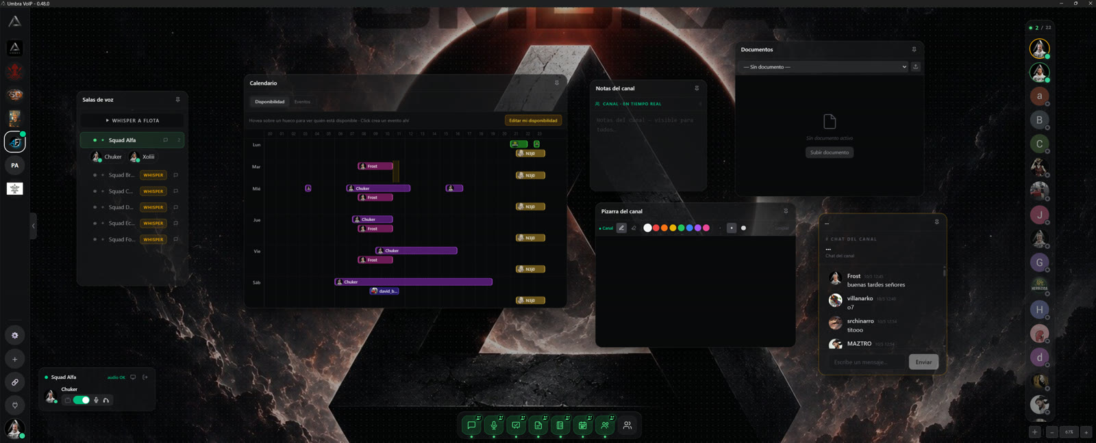 Calendario, notas y pizarra del Canvas de UMBRA