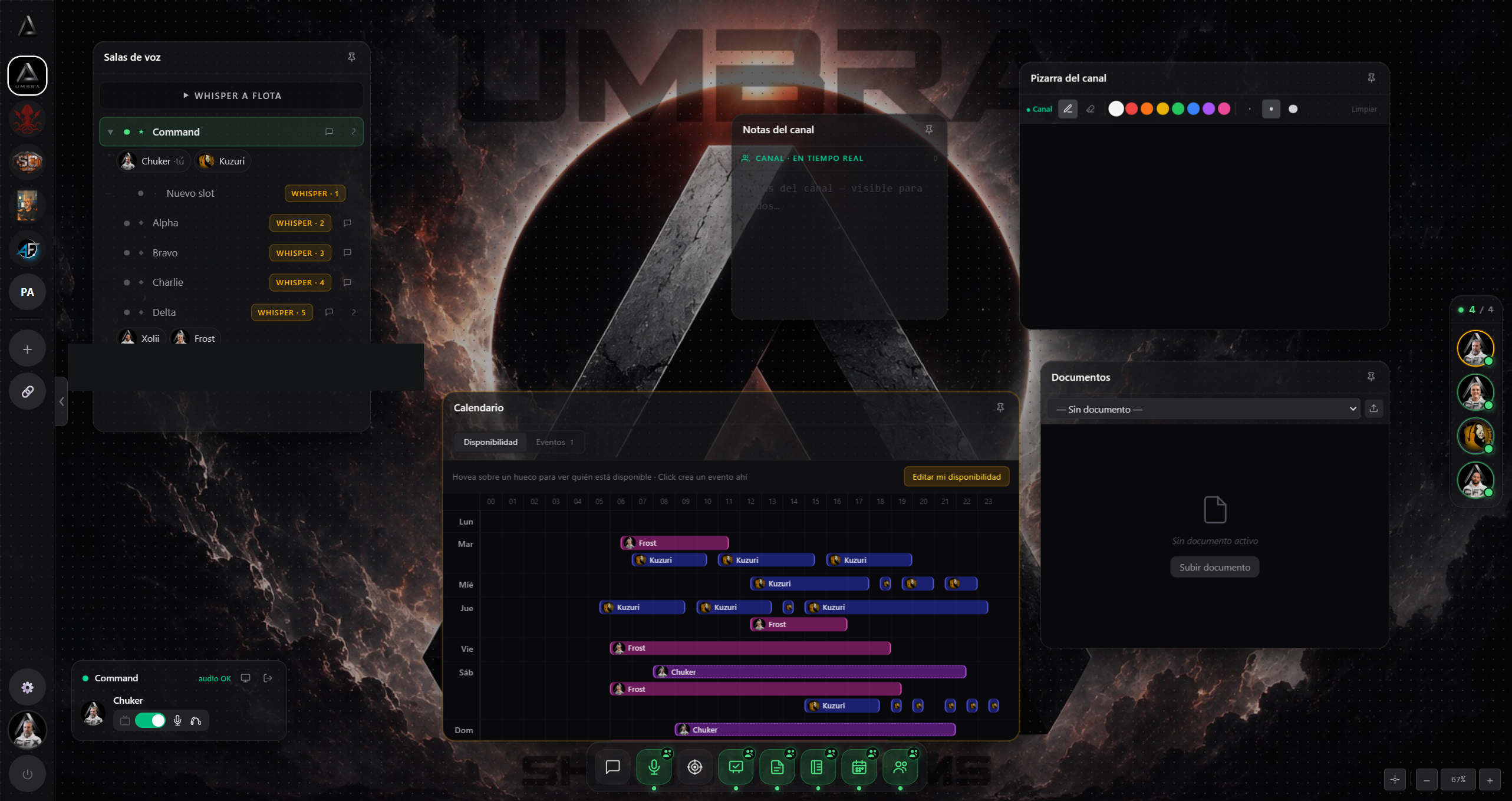 Interfaz de UMBRA: salas de voz y espacio de trabajo